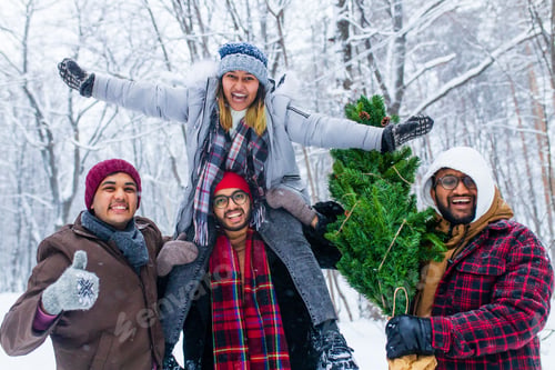 Preview: Outdoor lifestyle portrait of four best friends carrying the tree to home