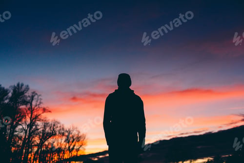 Preview: Silhouette of man looking at sunset.