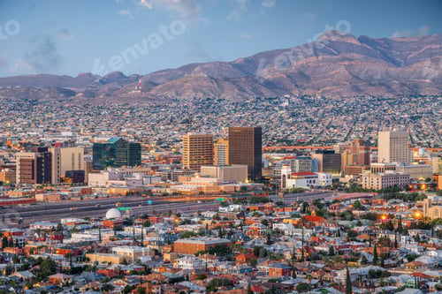 Preview: El Paso, Texas, USA downtown city skyline at dusk with Juarez, Mexico