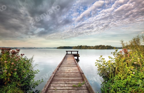 Preview: pier on big lake and wildflowers