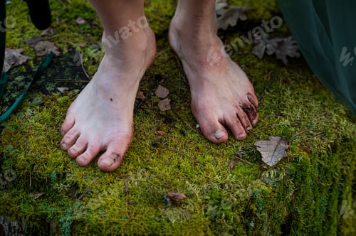 Preview: Barefoot on mossy stump. Shallow depth of feld