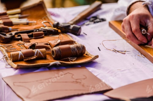 Preview: Artisans disguised in medieval times showing old crafts in a festival exhibition.