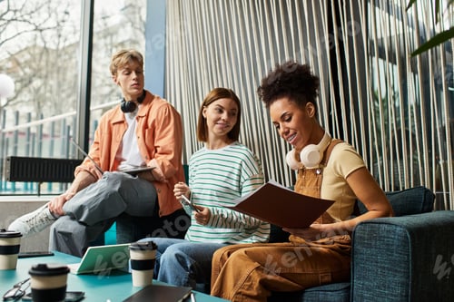 Preview: Colleagues collaborating at a hotel during a business trip in a modern lounge area