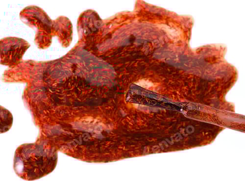 Preview: Spilled red nail polish with sparkles and a brush on a white background, blot