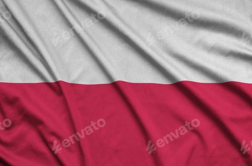 Preview: Poland flag is depicted on a sports cloth fabric with many folds. Sport team waving banner