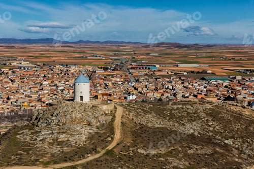 Preview: Landscape with the traditional white windmill in Consuegra, Toledo, Spain