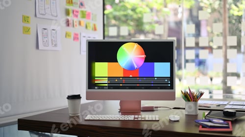 Preview: Designer working desk with modern computer, stationery and wireframe sketches.