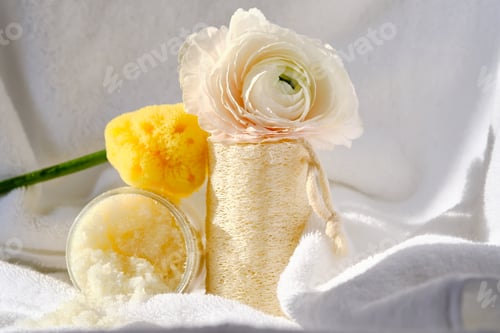 Preview: Scrub, loofah washcloth and organic sea sponge on the towel.