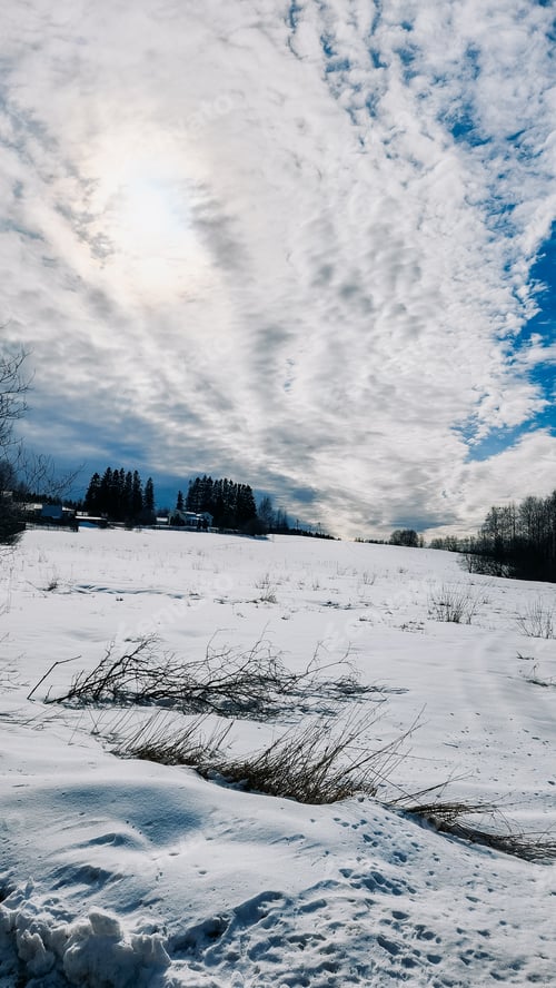 Preview: Panorama of beautiful winter landscape. Field of white snow and ice on horizon. Dramatic sky with