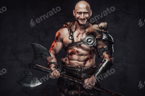 Preview: Joyful and grimy viking with two handed axe in dark background