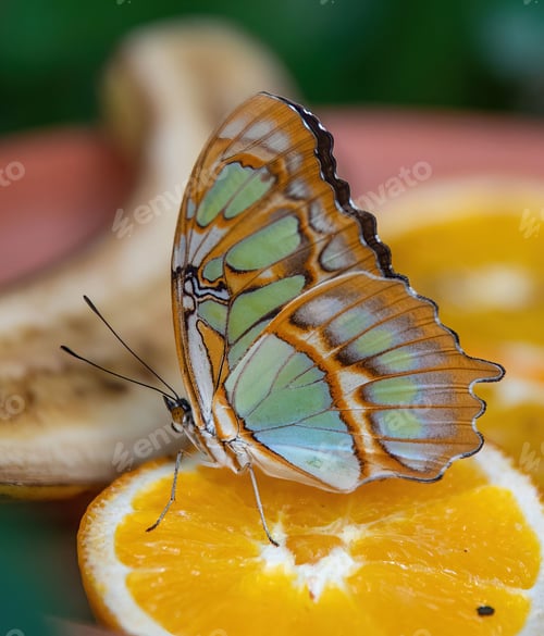 Preview: Close-up of a colorful butterfly resting on a sliced orange. Siproeta stelenes