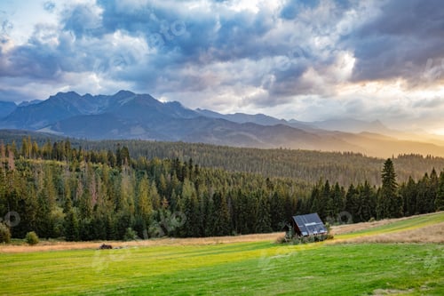 Preview: Tatra mountains at sunset with valley landscape in Poland