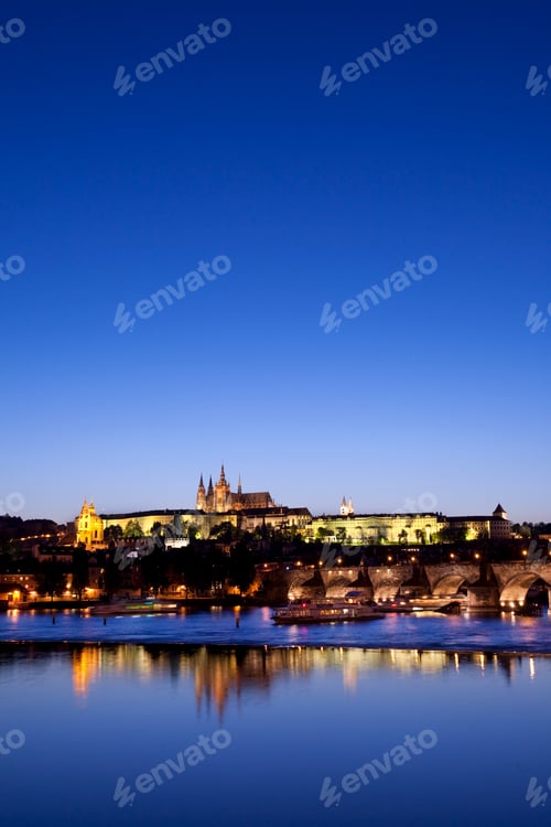 Preview: View of Charles IV Bridge and river Vltava at night, Prague, Czech Republic