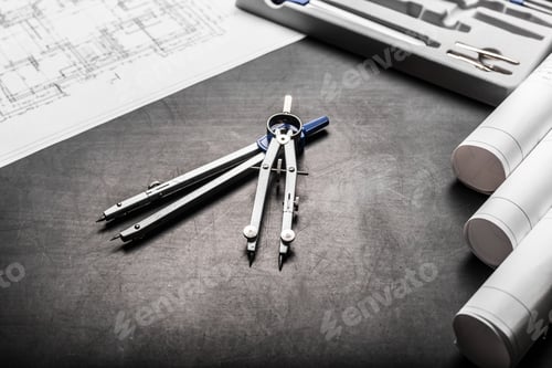 Preview: Construction planning drawings on black background