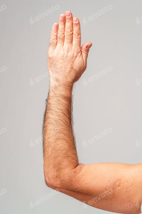 Preview: Hand raised in greeting against a plain background