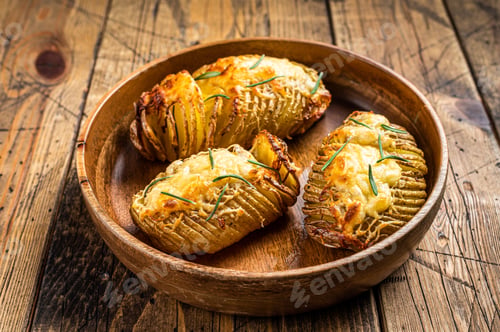 Preview: Hasselback potatoes with cheese, garlic and herbs. Wooden background. Top view