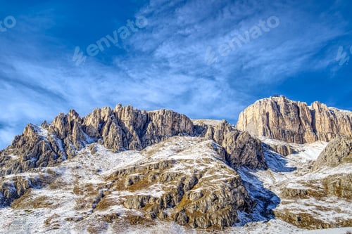 Preview: Beautiful shot of Corvara mountain rocks in South Tyrol, Northern Italy on a sunny day
