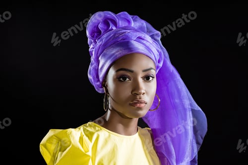 Preview: beautiful african american woman in stylish retro clothing isolated on black