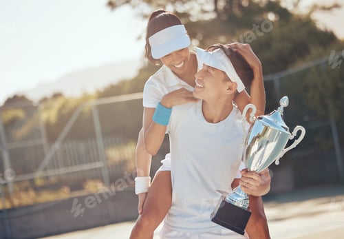 Preview: Tennis winner, sports game and team trophy for winning sport competition on court, celebrate champi