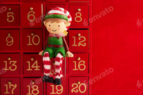 Preview: Christmas advent calendar with an elf and gifts on red background