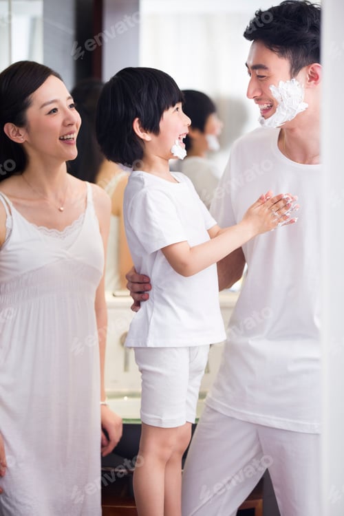 Preview: Family in bathroom with shaving cream on chin