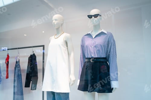 Preview: Mannequins Dressed In Female Woman Casual Clothes In Store Of Shopping Center.