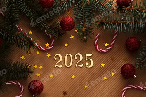 Preview: New Year 2025 beige background. Number of the coming year in Christmas decoration.