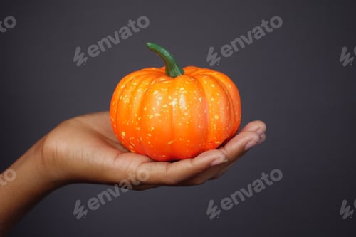 Preview: hand hold a small pumpkin against gray background