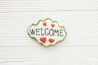 Preview: Delicious key, house, plant,window,heart and welcome sign cookies on white wood