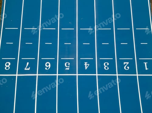 Preview: Aerial Drone View of Blue Athletic Track Start Line