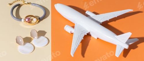Preview: Modern minimalist handmade jewelry on orange and beige banner. Air plane toy for delivery and