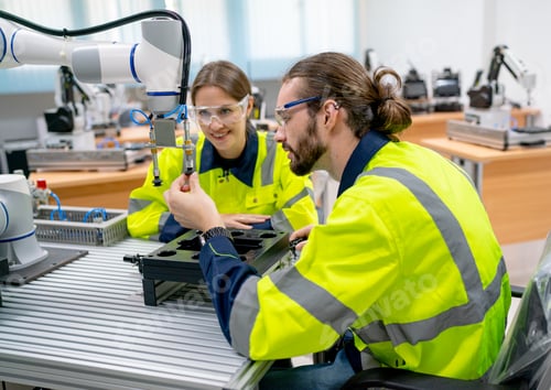 Preview: Two Caucasian professional technician or engineer workers sit in workplace and help to check