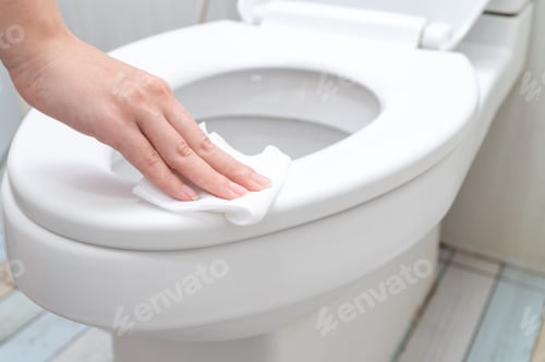 Preview: Closeup of a woman's hand cleaning the toilet seat with a wet wipe