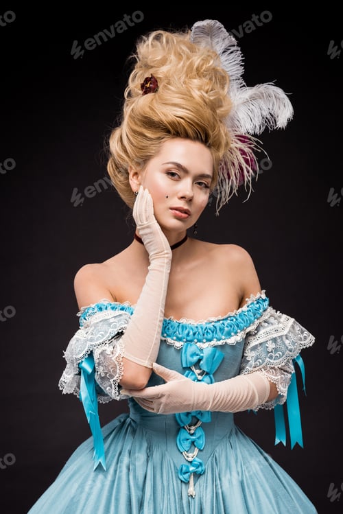 Preview: beautiful young victorian woman in wig standing in blue dress on black