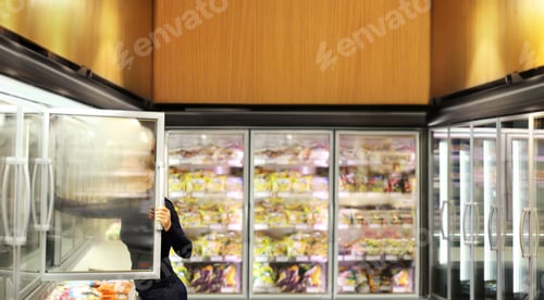 Preview: Woman Choosing Frozen Food From A Supermarket Freezer. Purchasing A Packet Of Meat At The