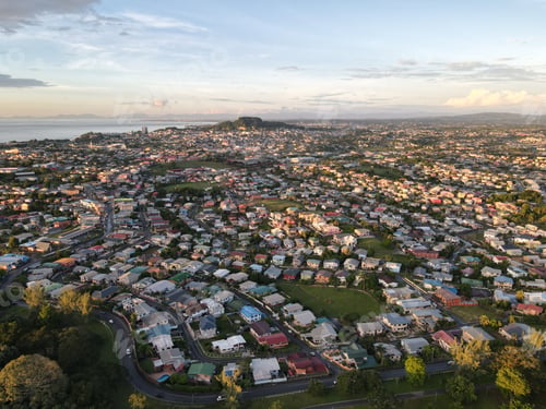 Preview: Aerial view of San Fernando city against the dusk sky at sunset in Trinidad and Tobago