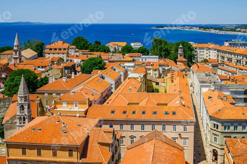 Preview: Zadar, old city, bird fly view. View of the medieval city from the tower in the city center