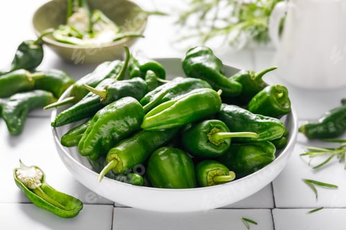 Preview: Fresh green Spanish Pimientos de Padron pepper, top view