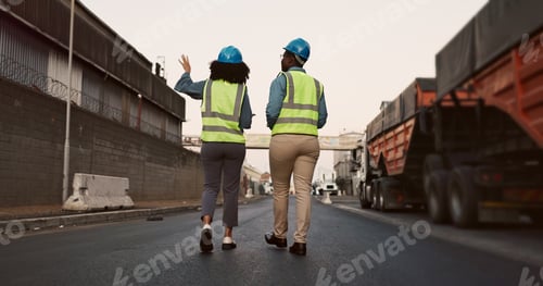 Preview: Construction worker, team or talking with planning at logistics site in morning for inspection or a