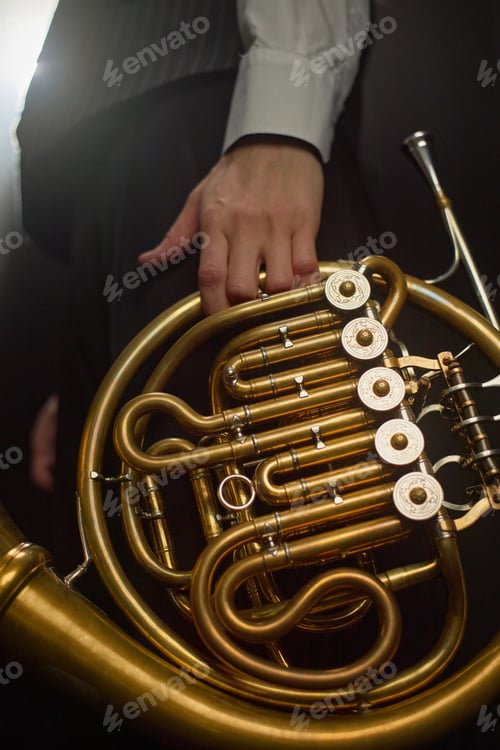 Preview: Musician Holding Golden French Horn with Engraving on Valves before Concert on Stage