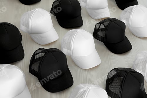 Preview: Many blank black and white caps on wooden table. Mock up for design