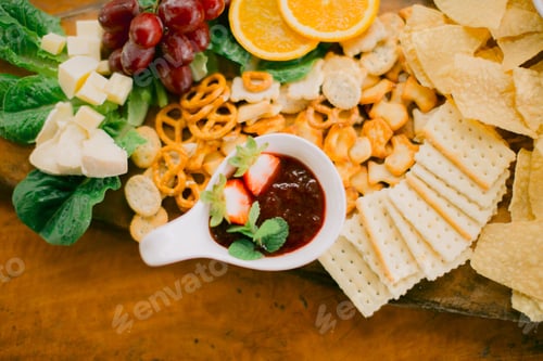Preview: Platter of tasty snacks: cheese, crackers, chips, fruits, and strawberry jam
