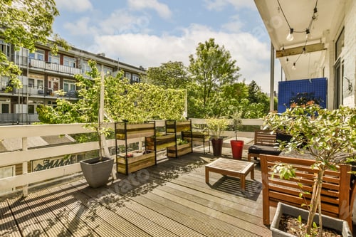 Preview: the deck has a bench and plants on it