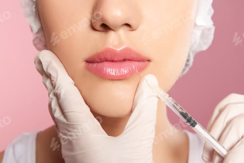 Preview: Young woman getting lip injection on color background, closeup
