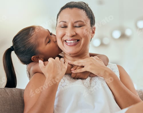 Preview: Hug, kiss and family, grandmother and kid together in family home, happy and love for bonding and a
