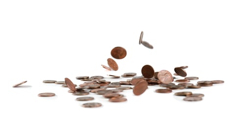 Preview: Coins falling down into pile isolated on white