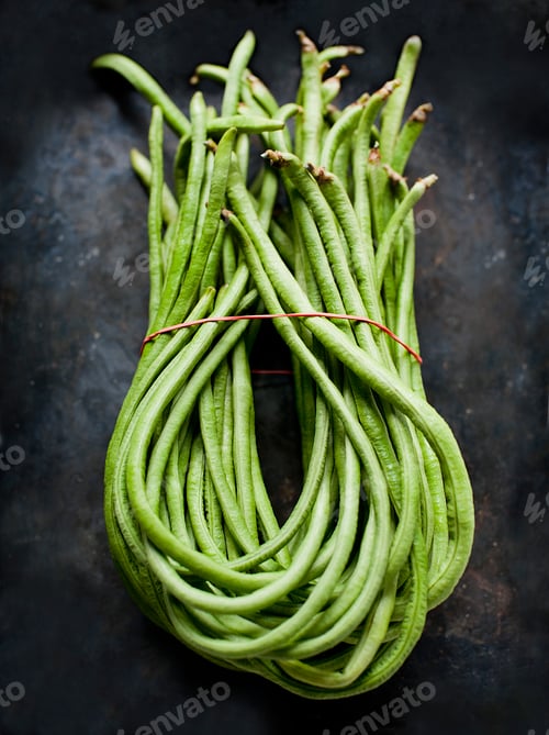 Preview: A bundle of fresh green beans neatly tied together on a dark surface.