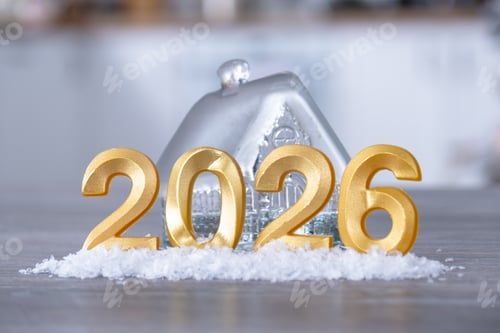 Visualização: Figuras douradas número 2026, Ano Novo, no contexto de uma pequena casa