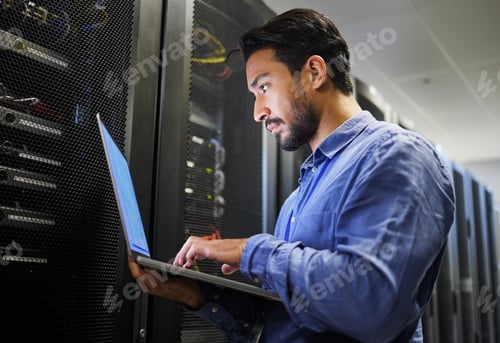 Preview: Connectivity, data center and a man with a laptop for maintenance, cyber security and internet chec