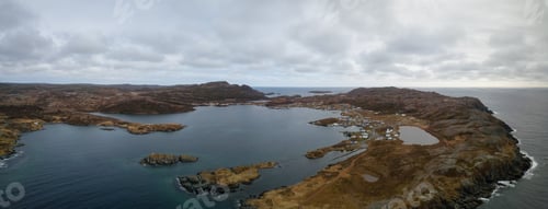 Preview: Aerial view of a small town on a rocky Atlantic Ocean Coast. Newfoundland, Canada